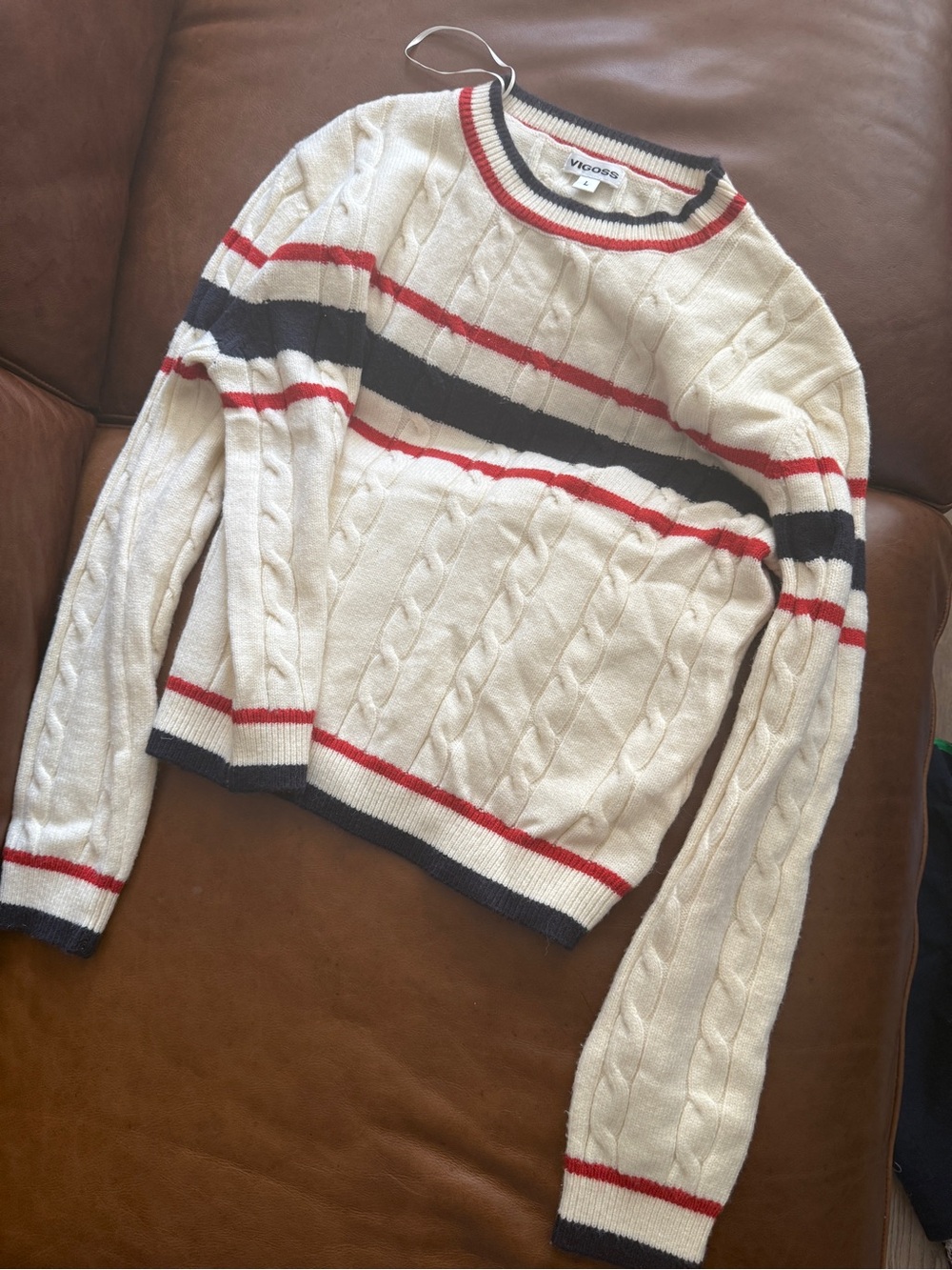 Cable Knit Crewneck Sweater - Cream heritage with Red & Blue Stripes